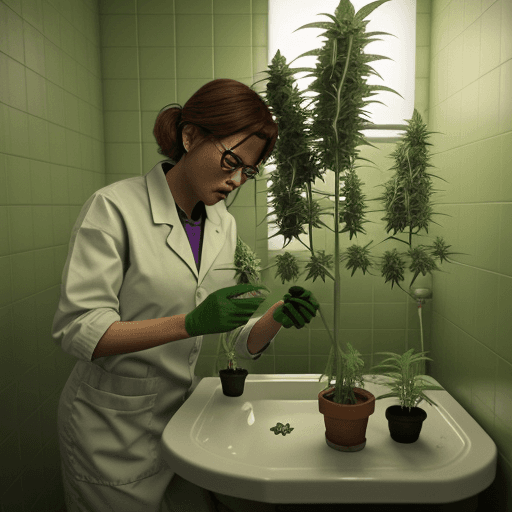 AI generated: photo ultra realistic of a radioactive chemist making marijuana flowers in a small bathroom full of ...
