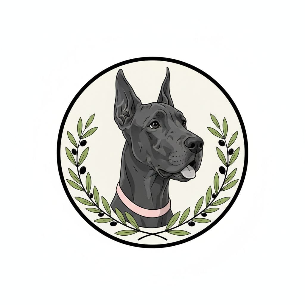 AI generated: dog, black, Great Dane, younger, slender, natural ears,
pink collar,
face only, mouth open slightl...