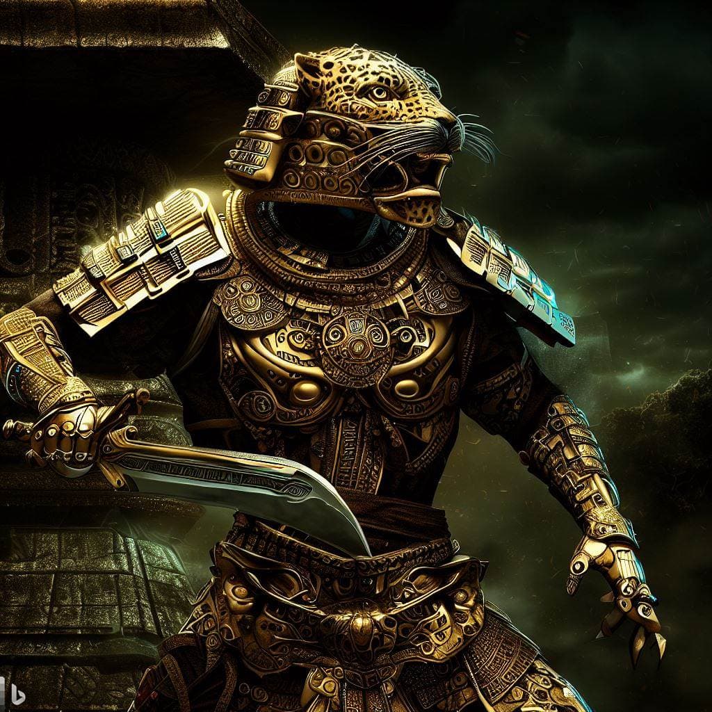AI generated: futuristic mayan warrior with short dagger, jaguar helmet mask, full body, gold jade armor, dark art...