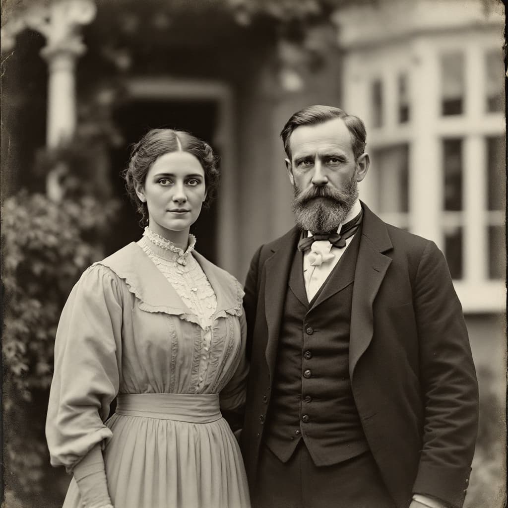 AI generated: highly detailed portrait from 1890 of a man and his wife stood outside their family home in London, ...