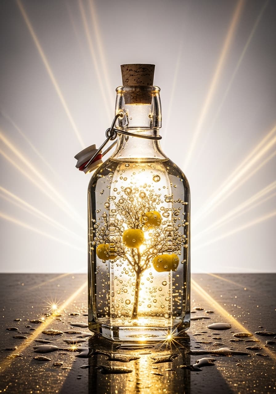 AI generated: A highly stylized marketing photoshoot. A striking close-up shot features a clear glass bottle with ...