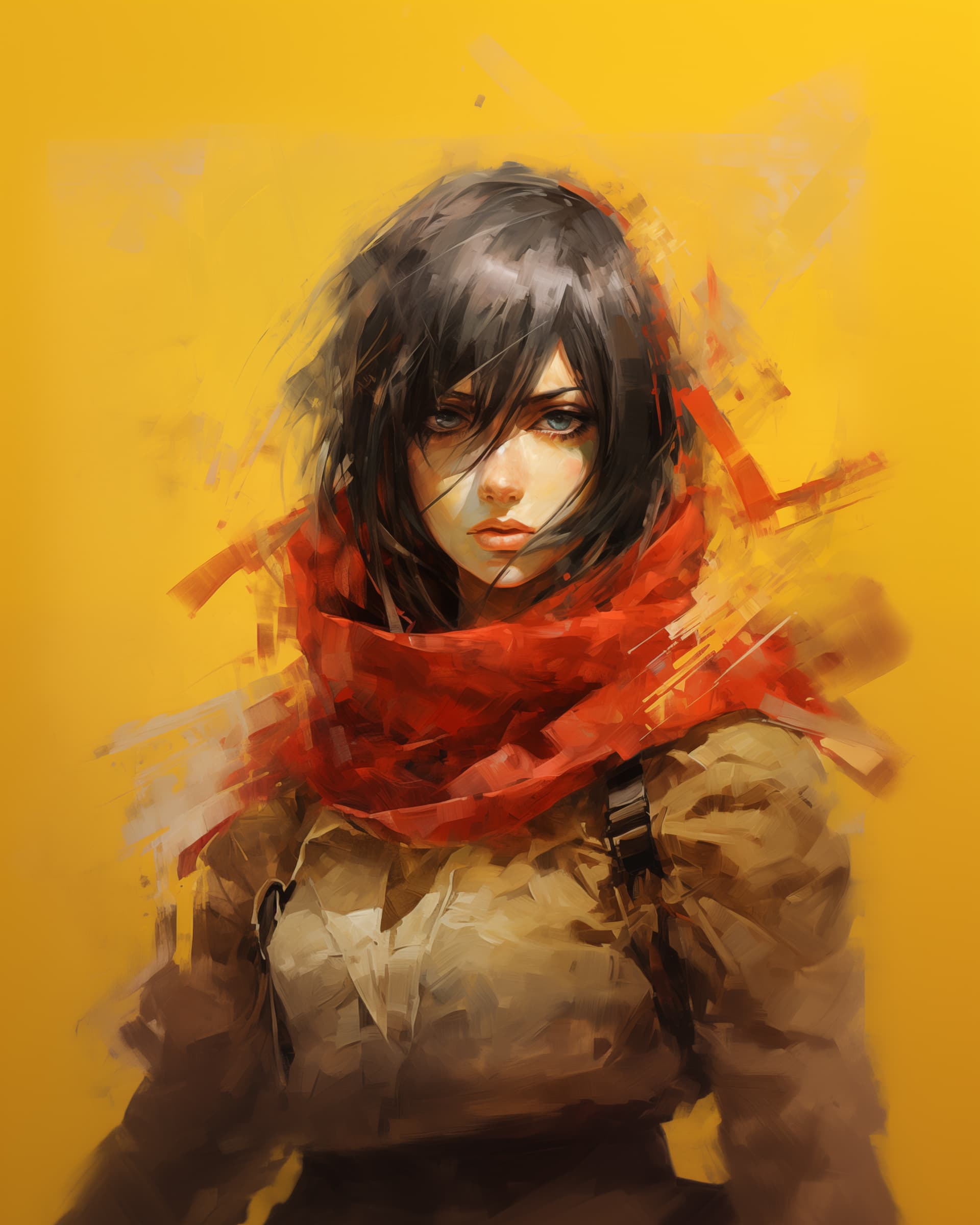 AI generated: mikasa ackerman in the style of vincent van gogh, portrait, aggresive, extreme detail, anime, wearin...