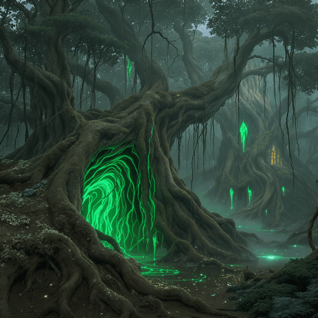 AI generated: An ancient sentient forest where the ground erupts into colossal, twisting roots that form arches, t...