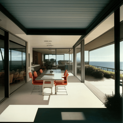 AI generated: Hyper realistic eye level exterior photo of a mid century modern style house overlooking the ocean, ...