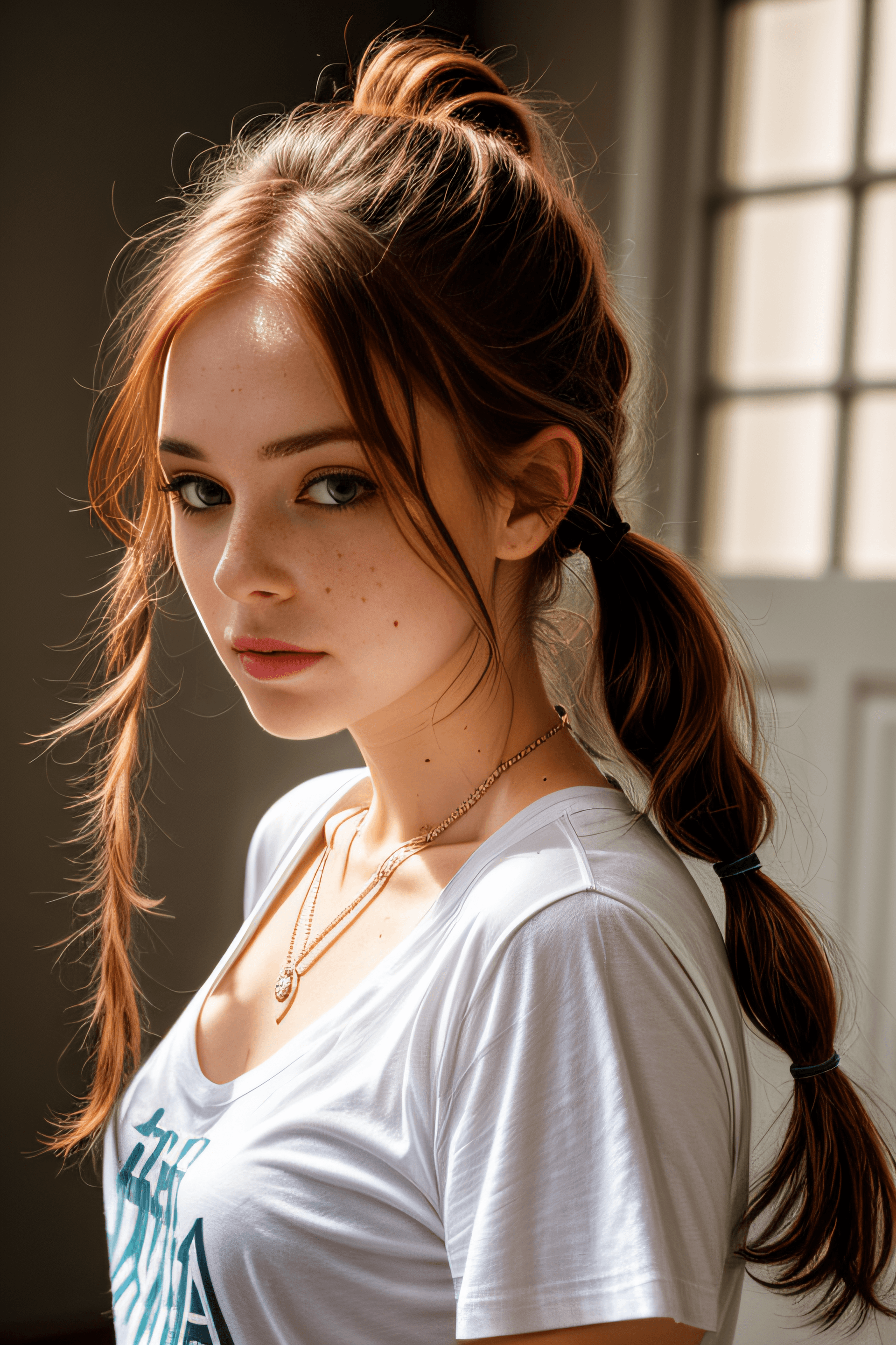 AI generated: portrait of beautiful girl, caucasian, auburn hair, freckles, tshirt, necklace, professional lightin...