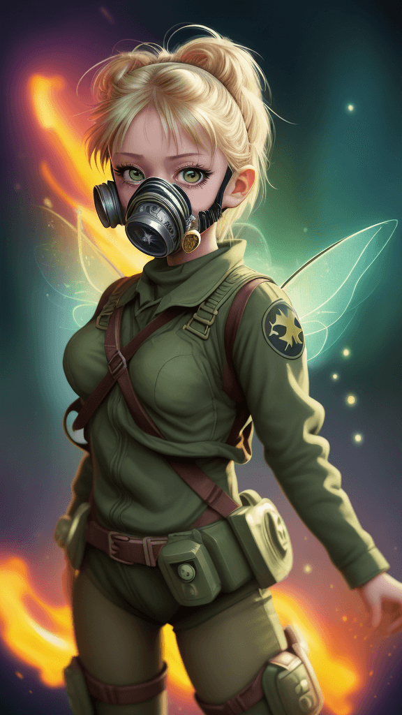 AI generated: complex background portrait of little 
tinkerbell woman. Wearing a gas mask. Prominent eyes, complex...