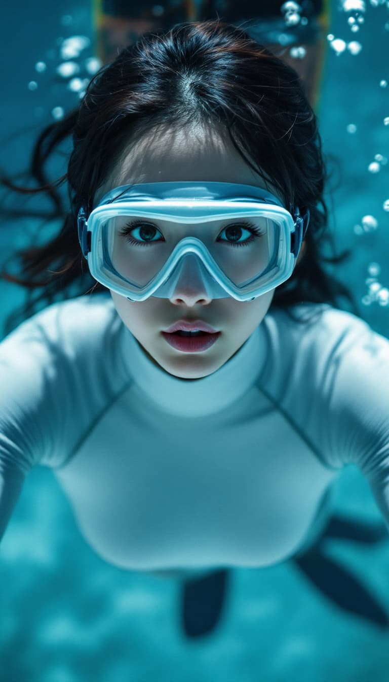 AI generated: High resolution image. A Korean woman in a white freediving suit. She is diving downwards wearing fl...