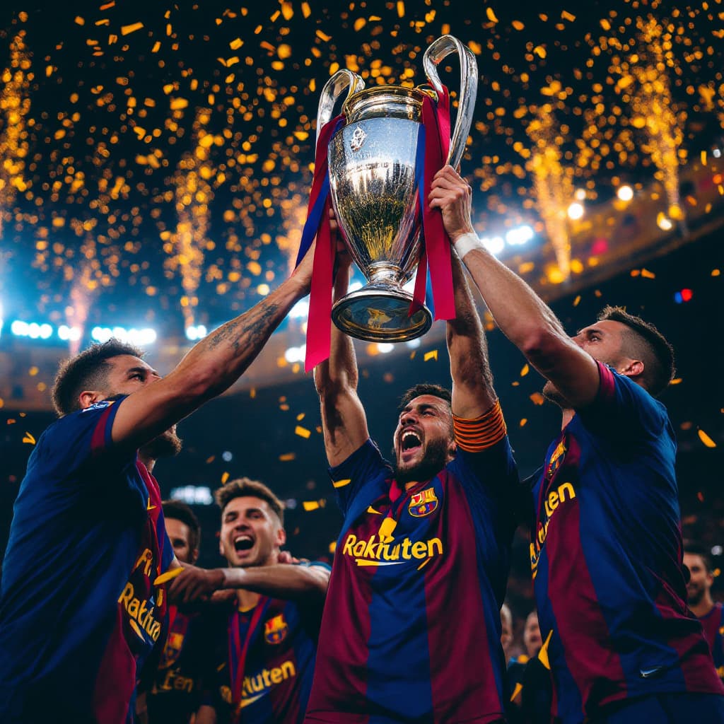 AI generated: "El FC Barcelona celebra su victoria en la Champions League. Los jugadores Raphinha, Pedri, Lamine Y...