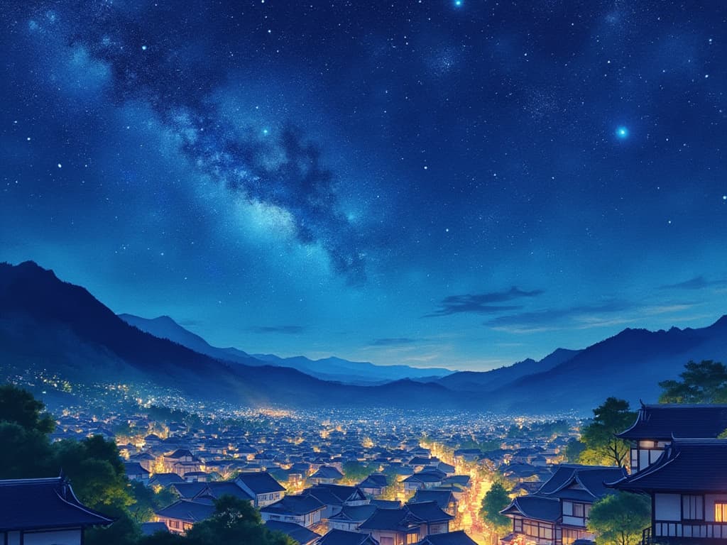 AI generated: Watercolor Style, the night sky is full of stars, animate, in a Japanese town at night, star roof, b...