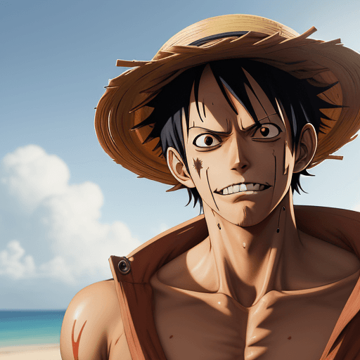 AI generated: Monkey D. Luffy, one piece anime, X-shaped scar on his chest, Straw Hat, symmetrical body, portrait,...