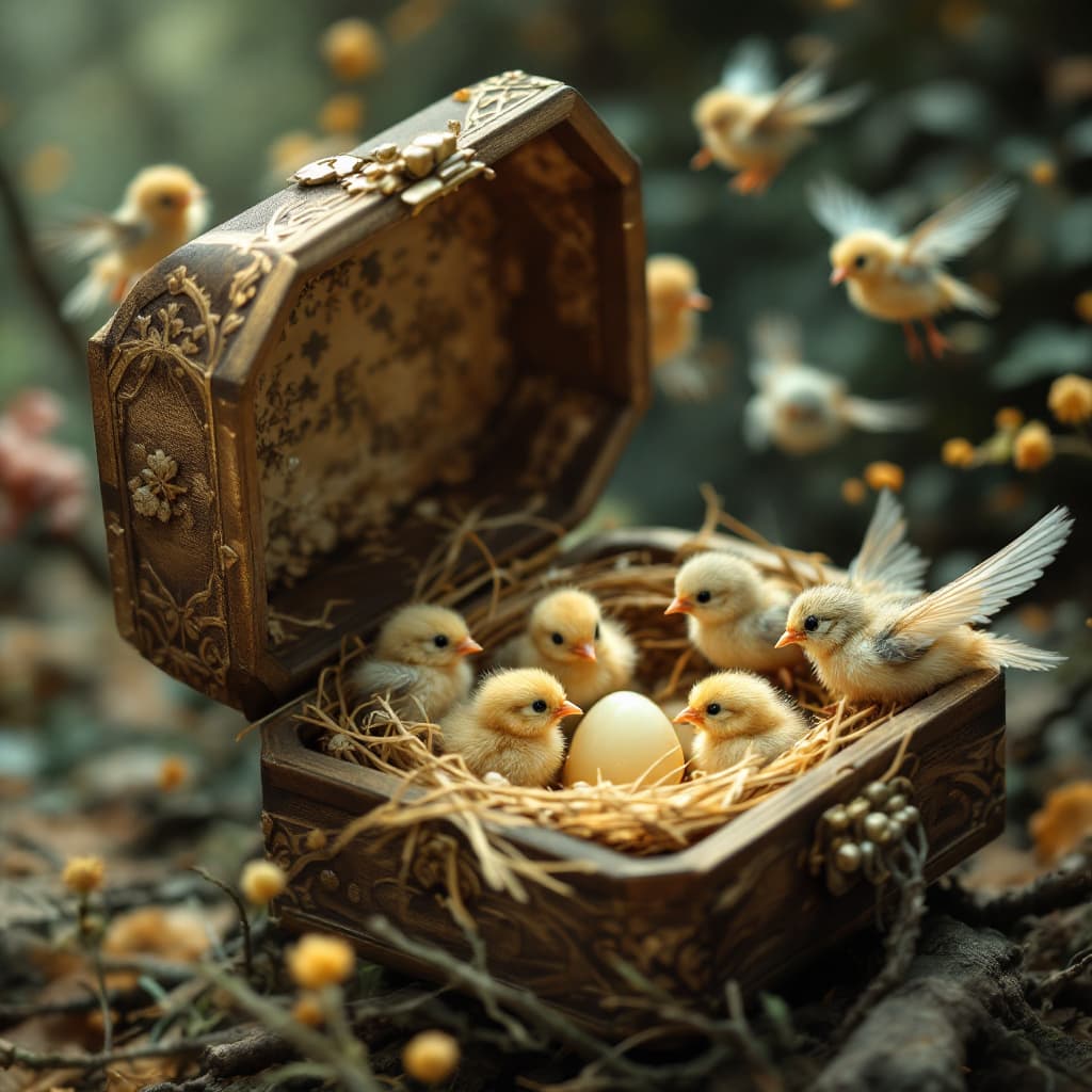 AI generated: A (((bird box in a shape resembling a classic bird's nest with intricate details))) that holds delic...