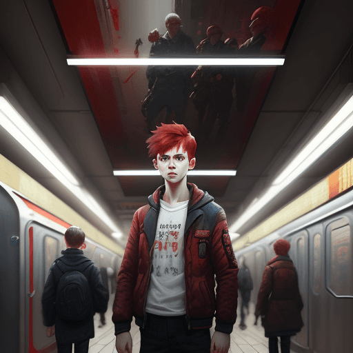 AI generated: a boy with red hair standing in a subway station, a detailed painting by WLOP, featured on cgsociety...