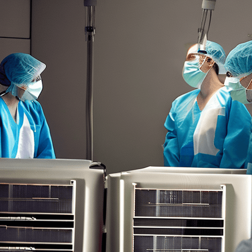 AI generated: A female surgeon in a blue surgical gown, white surgical and teal latex gloves in a dark operating r...