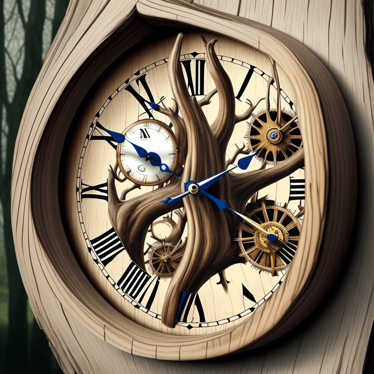 AI generated: Many curved clocks on the branches of wood, the style of the artist Salvador Dali, hyperrealism