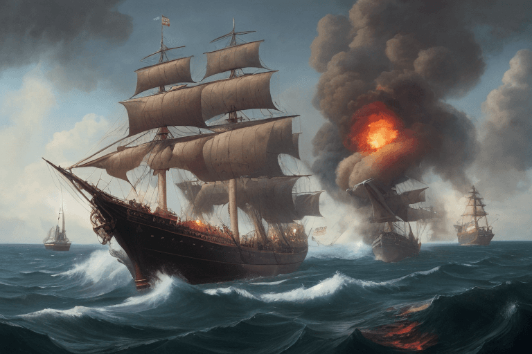 AI generated: masterpiece, incredibly detailed oil painting of two ships engaged in a great naval battle between b...