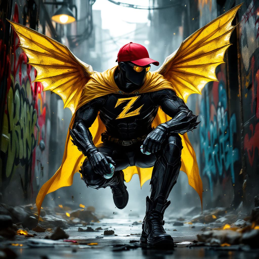 AI generated: hyper realistic of A BLACKMAN in a red baseball cap backwards, yellow sunglasses, in a black and red...