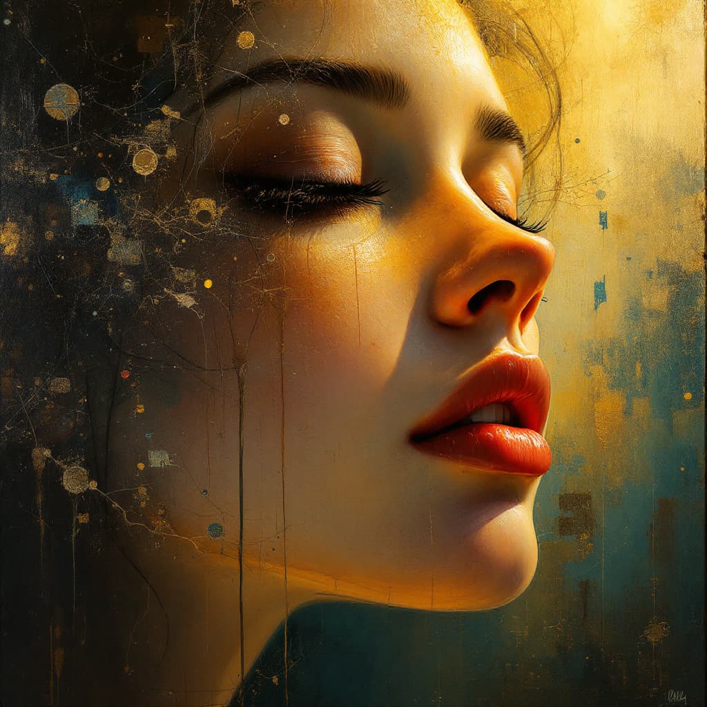 AI generated: A surreal oil painting of a person's face in extreme close-up, golden light illuminating their soft ...