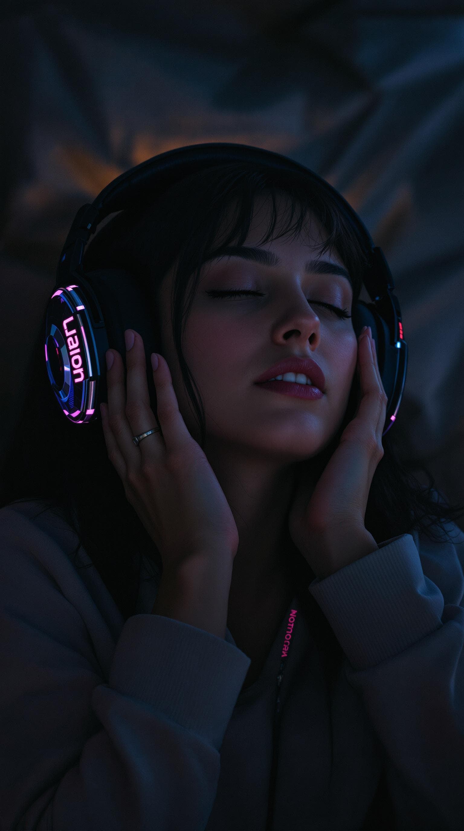 AI generated: The girl from from the future is savouring the music, with large audiophile headphones on her head. ...