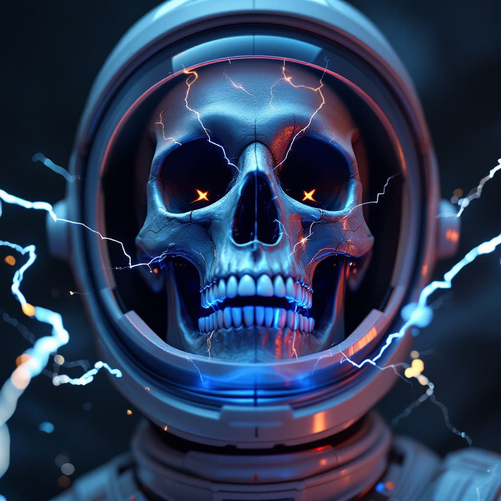 AI generated: astronaut open helmet, human skull, perfect teeth, lightning coming out of the open mouth, futuristi...