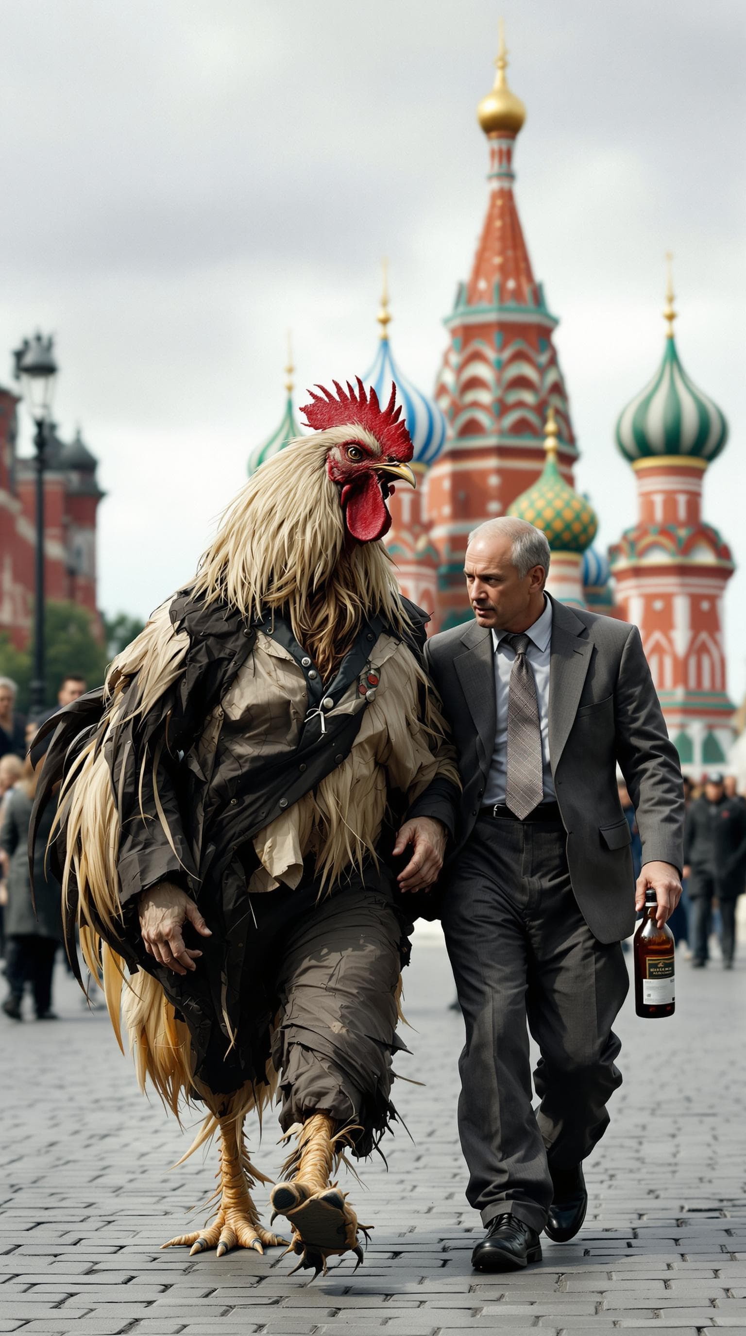 AI generated: **"Photo of a scraggly rooster, twice as tall as a man, walking on two legs, wearing a crumpled, tat...
