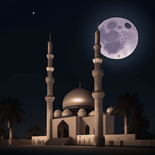 AI generated: A mosque at night, big moon behind, night sky with stars, dates tree both side of the mosque, super ...