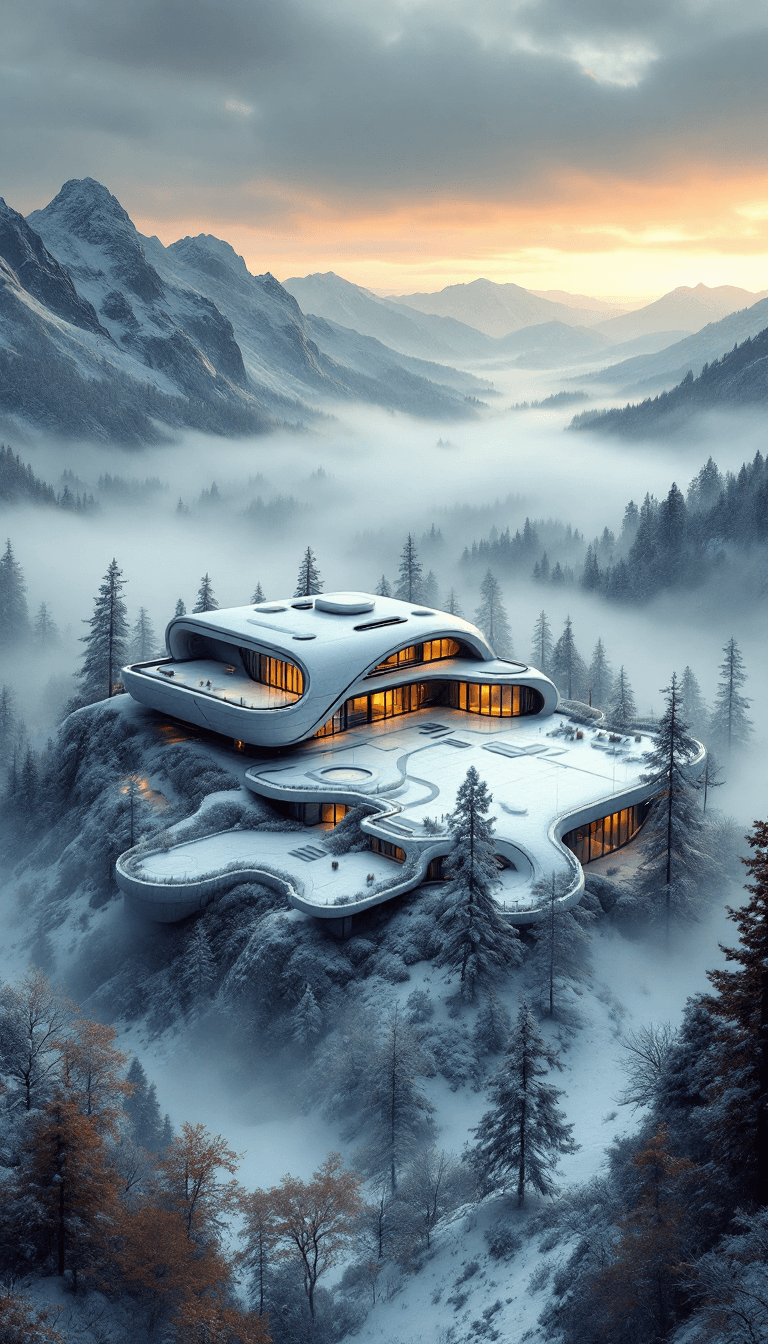 AI generated: Wide angle photo of a modern futuristic house in a valley surrounded by fog and trees, in the style ...