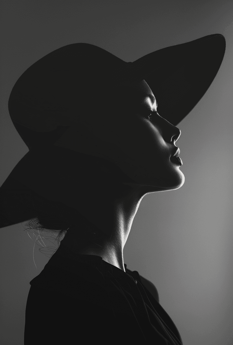 AI generated: a woman in a black and white photograph wearing a large hat, in the style of i can't believe how bea...