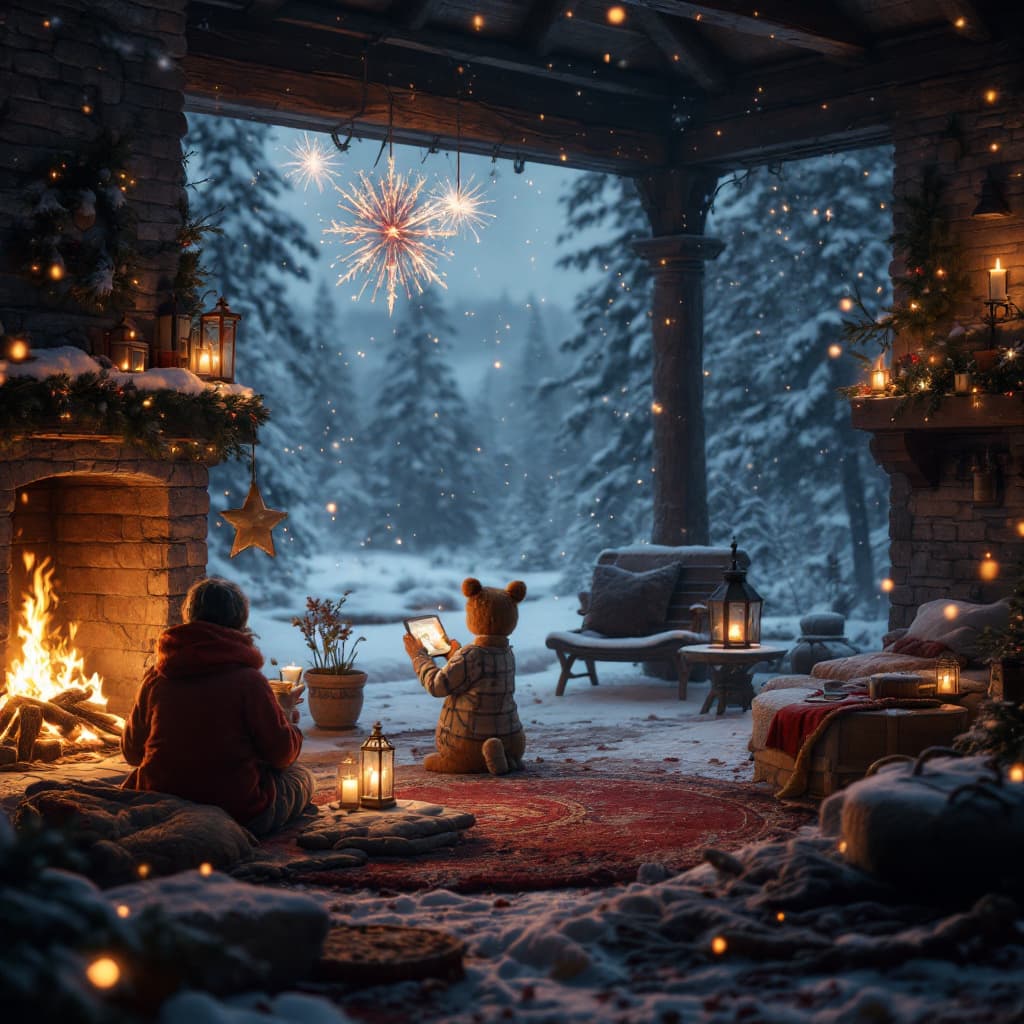 AI generated: by the fireplace and waiting for a New Year, The background is Frozen, cinematic lighting, epic scen...