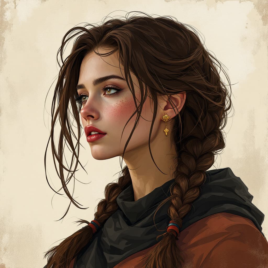 AI generated: arcane style, brown hair two short braids biological daughter of silco