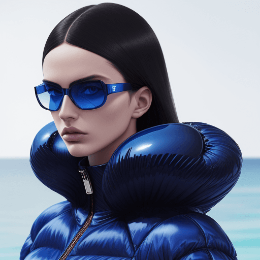 AI generated: Fashion shoot, Jacquemus and Moncler collaboration: dark blue translucent futuristic sunglasses, hyp...