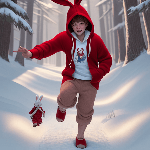 AI generated: Ryder the bunny, wearing a red hoodie, blue pant shorts and brown fuzzy slippers. Illustrate Ryder's...