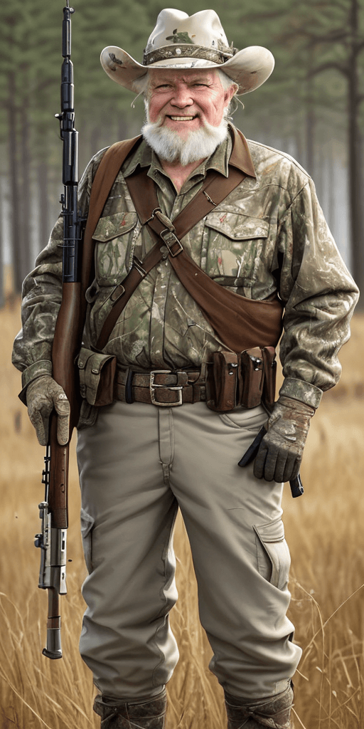 AI generated: Really hunters with rifle in the hand, aiming the rifle, old man with white barb, have a machet hold...