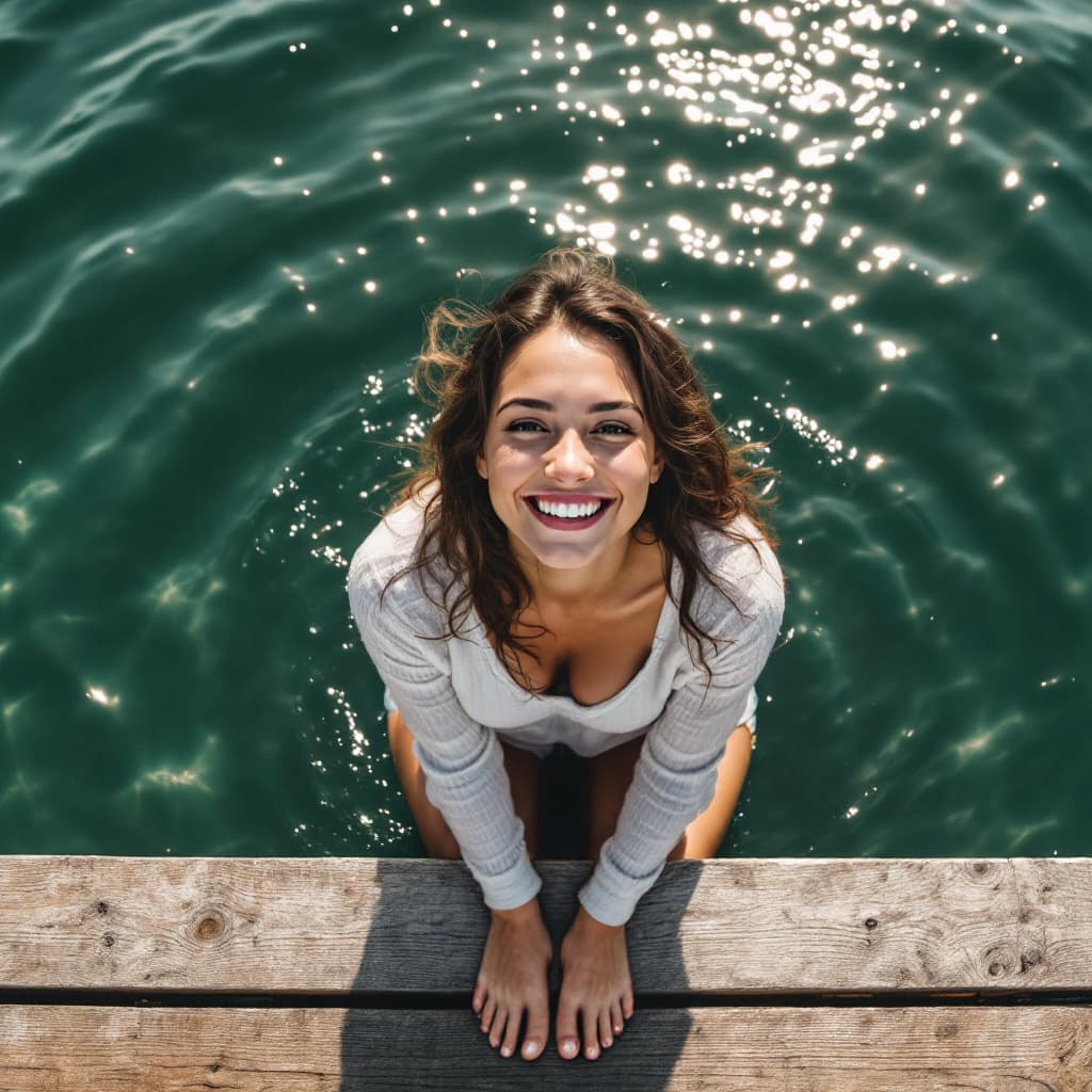 AI generated: A joyful woman sitting on a wooden dock by a sparkling lake, her feet dipping into the water. The ca...