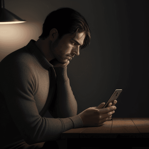 AI generated: "A melancholic scene of a man staring at his phone, gazing wistfully at the social media profile of ...
