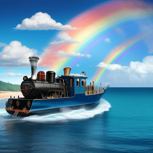 AI generated: blue sky, a flying locomotive train, rainbow, a flying pig, ocean, boat, happiness, yacht