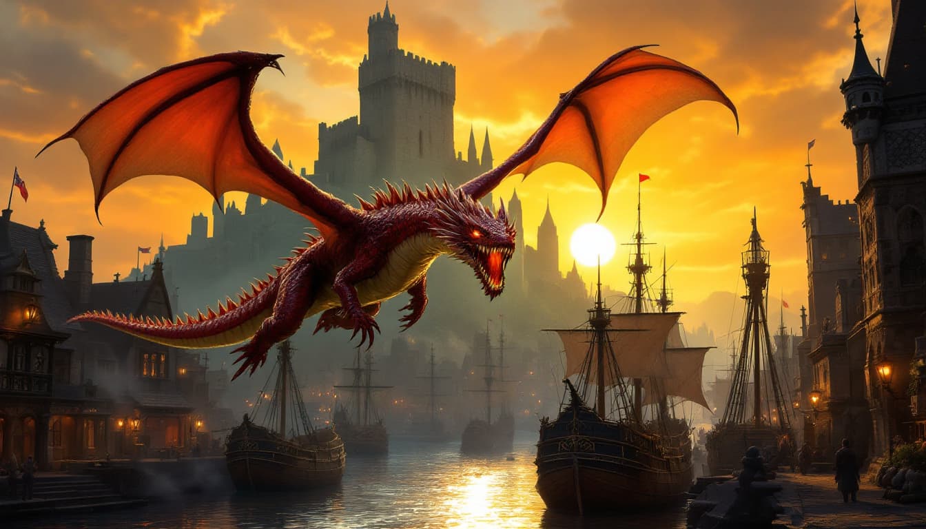 AI generated: a fantasy scene of a dragon soaring over a harbor city. The dragon is a large, fire-breathing reptil...