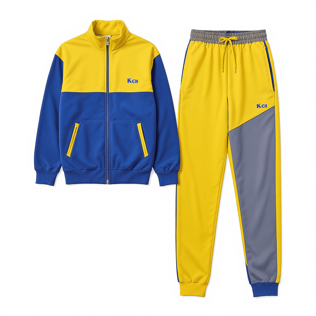 AI generated: tracksuit design in two colors, Blue and yellow, Separate Shirt and Pajama