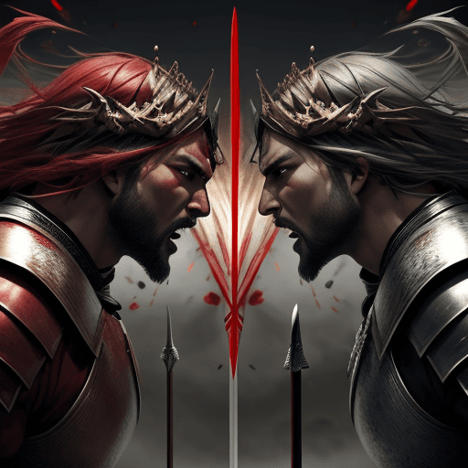 AI generated: two kings facing each other in the middle of battle with red eyes and full of passion, using swords,...