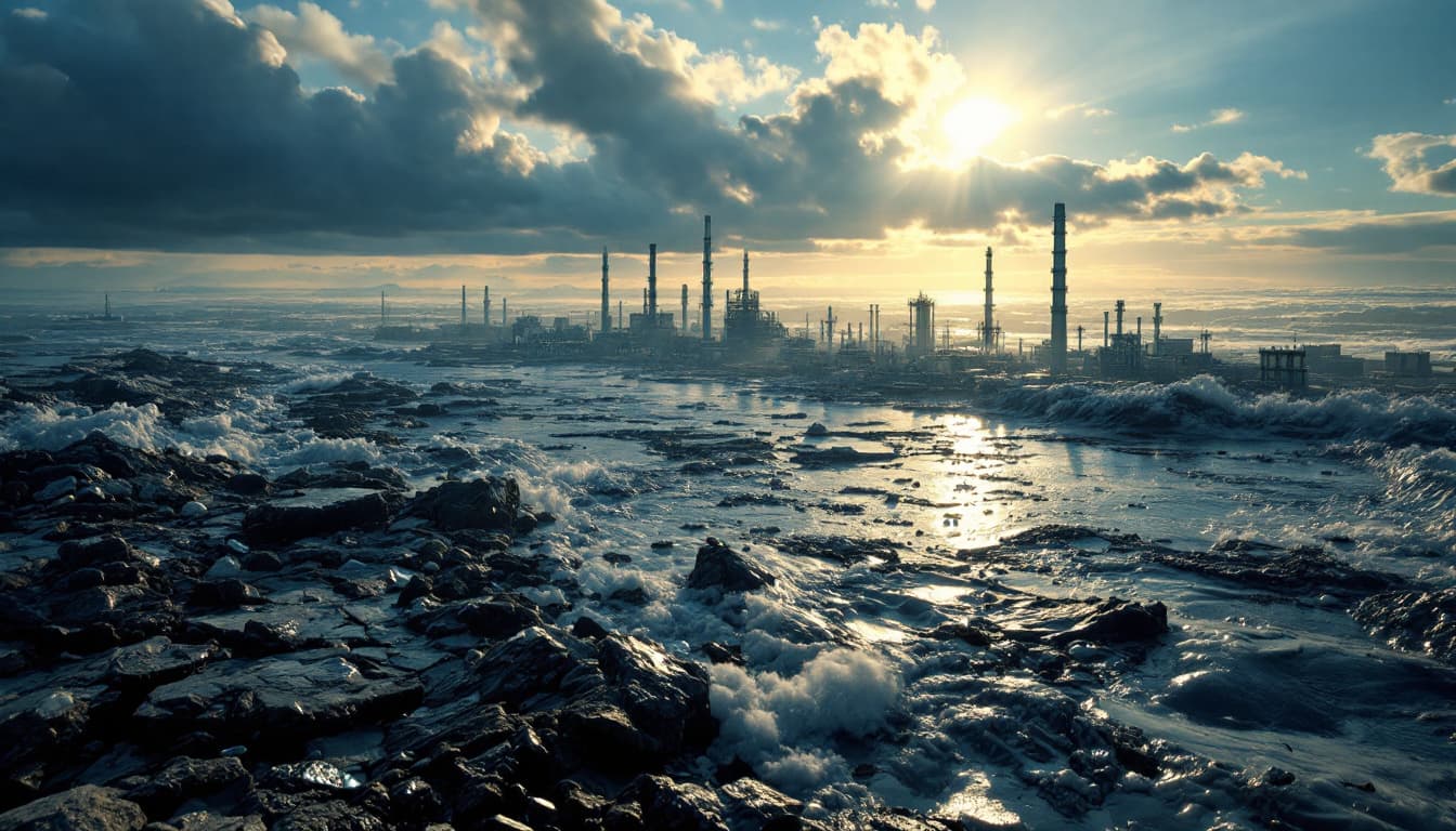 AI generated: ((one planet earth 
beautiful)), side chemical factory and pollution plastic 
