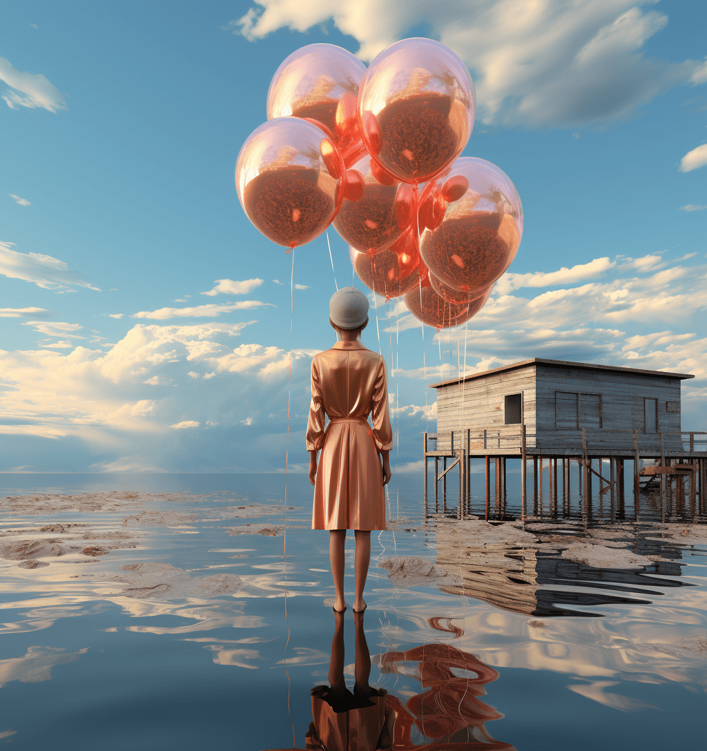 AI generated: a woman in a pink foil in front of a dock, in the style of tanya shatseva, luminous fantasies, 32k u...