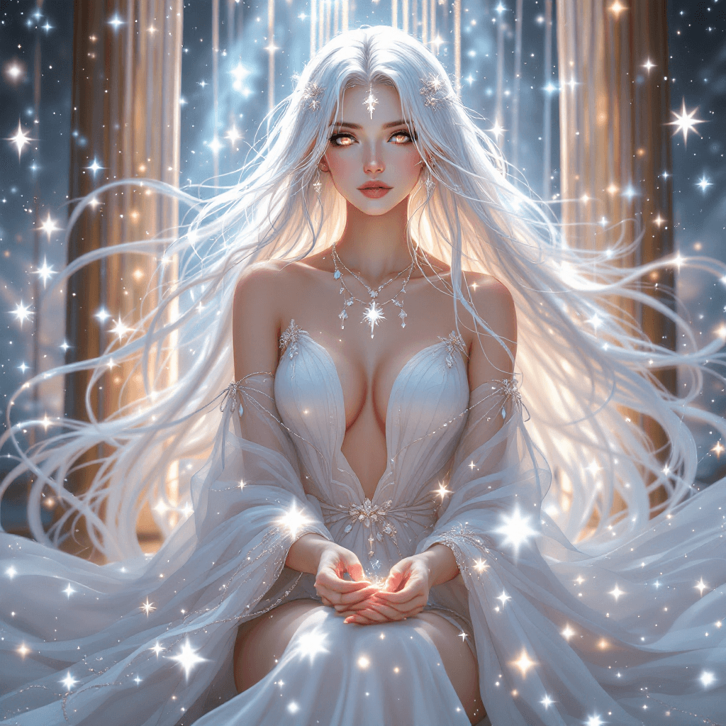 AI generated: 31. The Celestial Weaver of Fate: A serene and powerful being with long, flowing, silver hair that s...