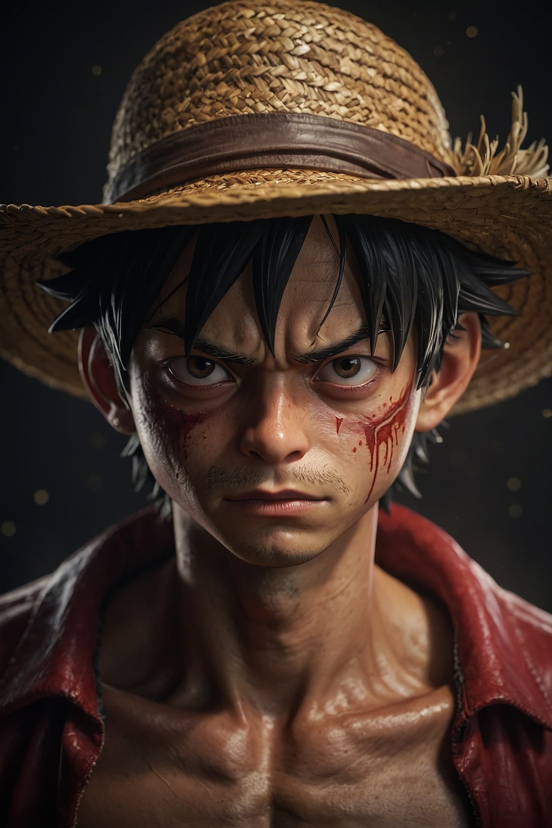 AI generated: Monkey D. Luffy, one piece, X-shaped scar on his chest, Straw Hat, symmetrical body, photorealistic ...