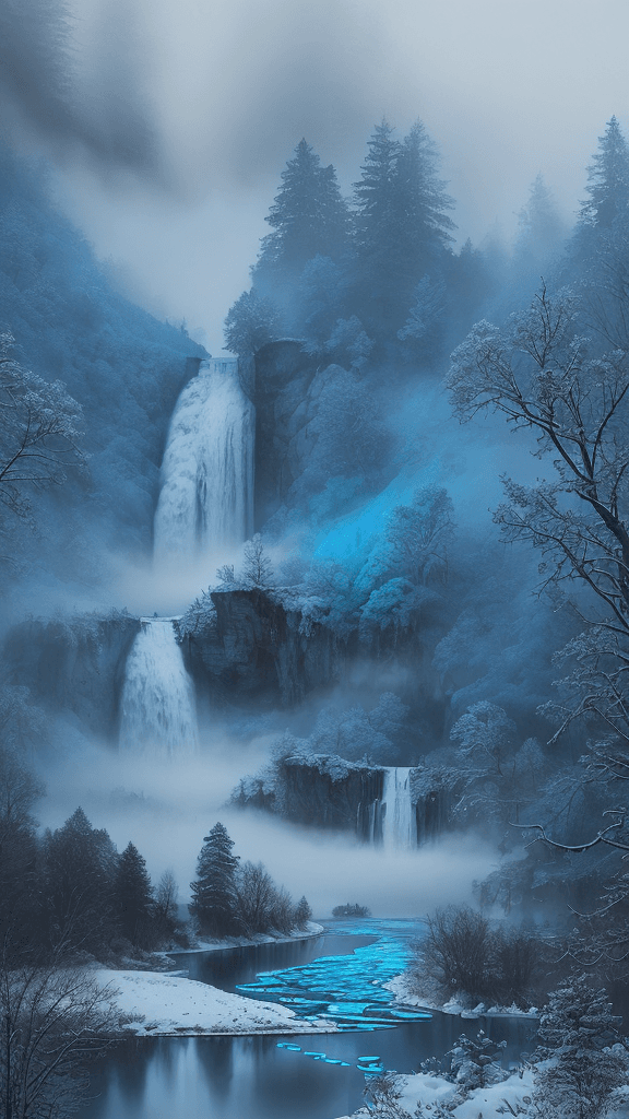 AI generated: winter landscape, blue color, Bokeh, the waterfall, fog over the lake, insanely detailed and intrica...