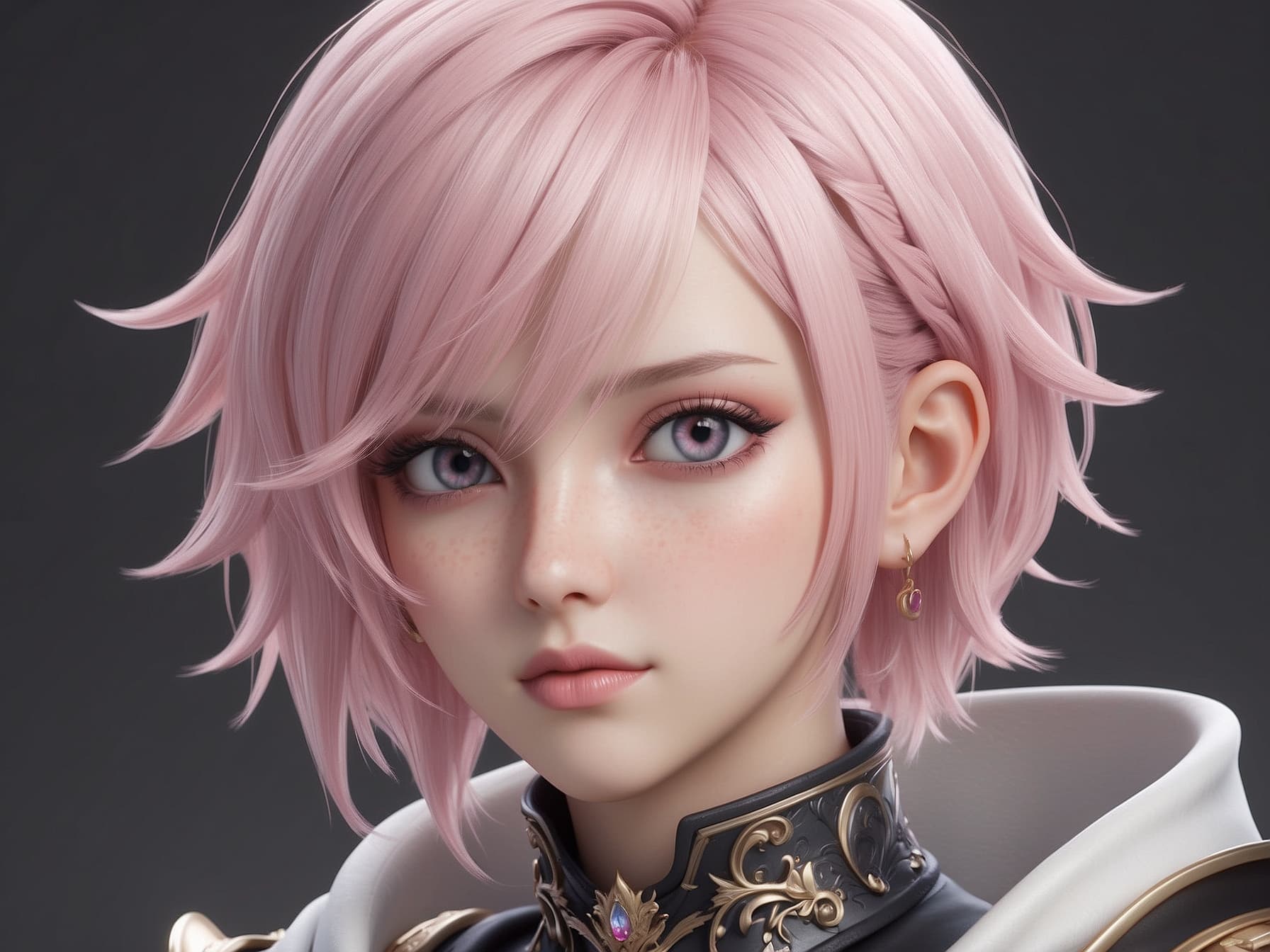 AI generated: High spec beautiful girl, light pink hair color, short hair, female emperor, pink eyes, Final Fantas...