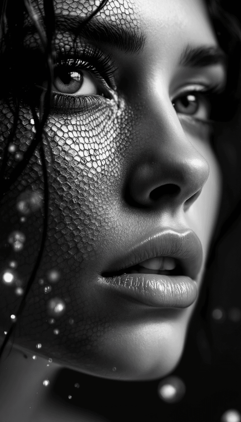AI generated: Poster Design of Closeup portrait of an instagram model shedding skin,ultradetailed skin changing fr...