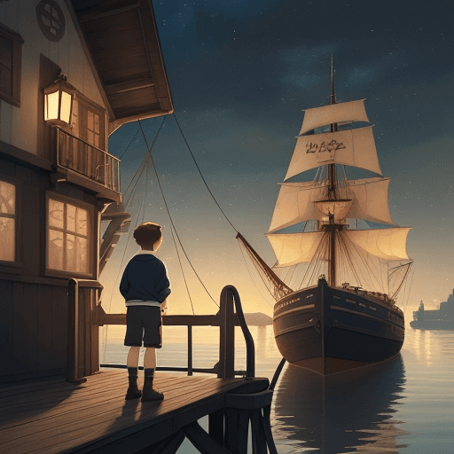 AI generated: A boy with brown hair during day time, stands on the dock of the small port, looking with wonder at ...