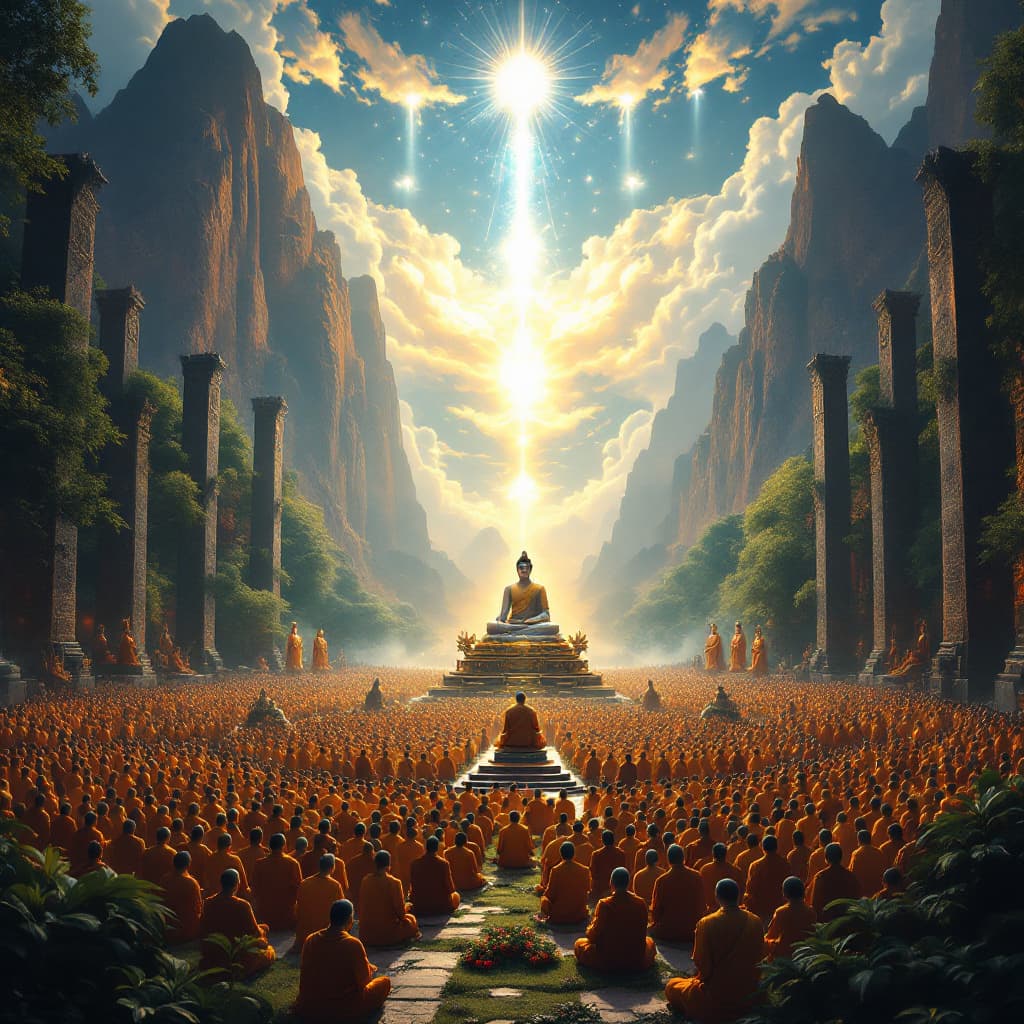 AI generated: A vast and majestic scene in a sacred garden within an ancient Eastern kingdom. At the center, the B...