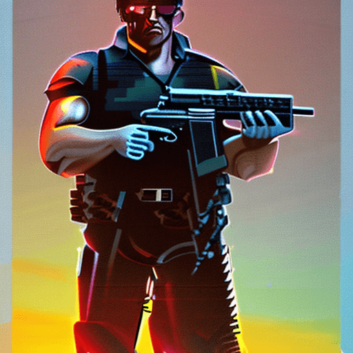 AI generated: a terminator Arnold Schwarzenegger holding a gun in front of a sunset, cyberpunk art by Jan Tengnage...