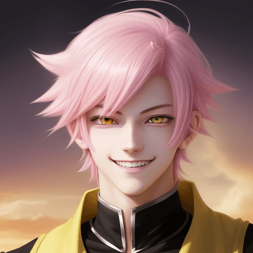 AI generated: Photo of a young man, with ligth ppink hair, yellow eyes and a birgth smile, in anime style.