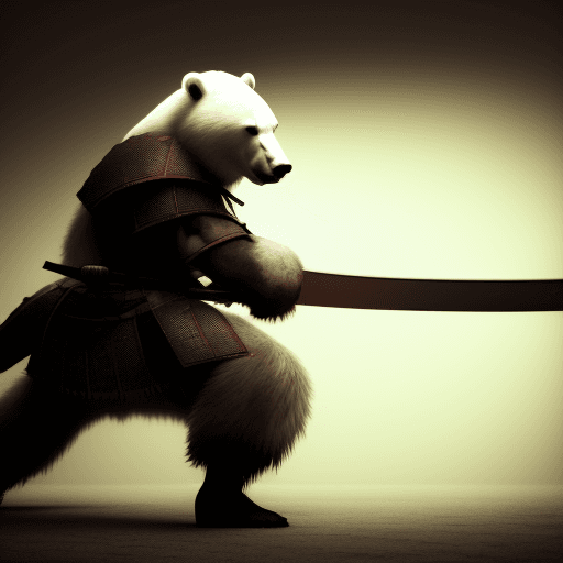 AI generated: in a dark roon, a photo of a realistic samurai polar bear with a katana in his hands in a fighting s...